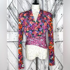 ZARA floral satin wrap blouse with asymmetrical hem padded shoulders